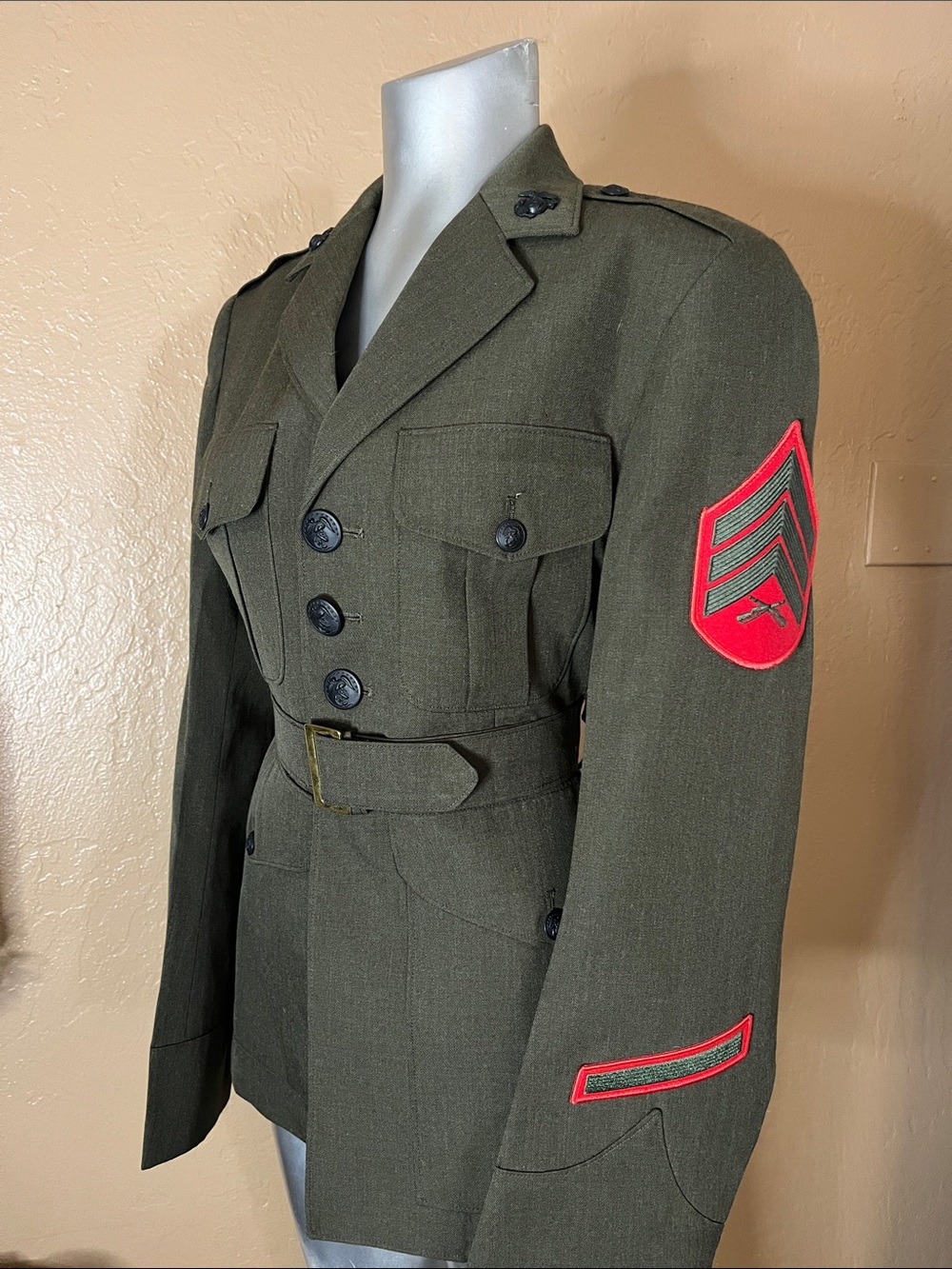 Vintage 60's Military Wool Serg Dress Uniform Wool Belted Coat/Blazer.  36R